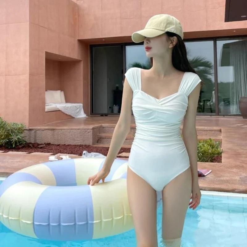 Product Introduction of ❤New Korean Hot Spring One-Piece White Swimsuit Women's Small Bust Sexy Pleated Conservative Cover Belly Retro Swimsuit 2025 2