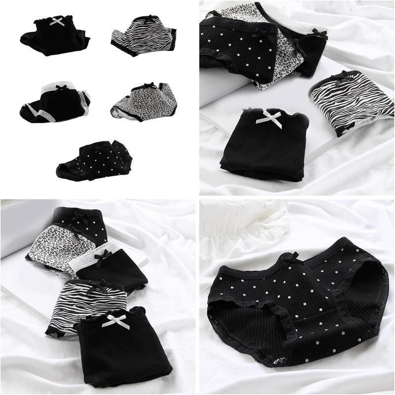 Womens Hipsters Lace Trim Bows Panties with Animal Zebras Print Breathable Cotton Middle Waist Underwear Briefs 1