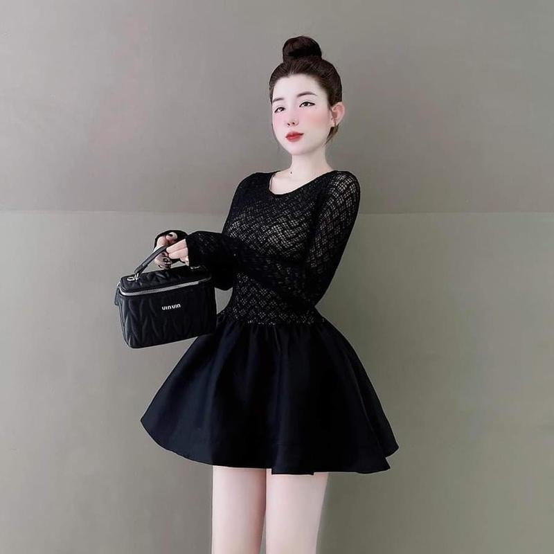  Đầm Thiết Kế Ren Cổ Tròn Dài Tay Chân Váy Tacta Xoè Ngắn Cho Nữ - Women Đầm Ren Bigsize Dress Voan Viền Ren - Voi Kem Đen 