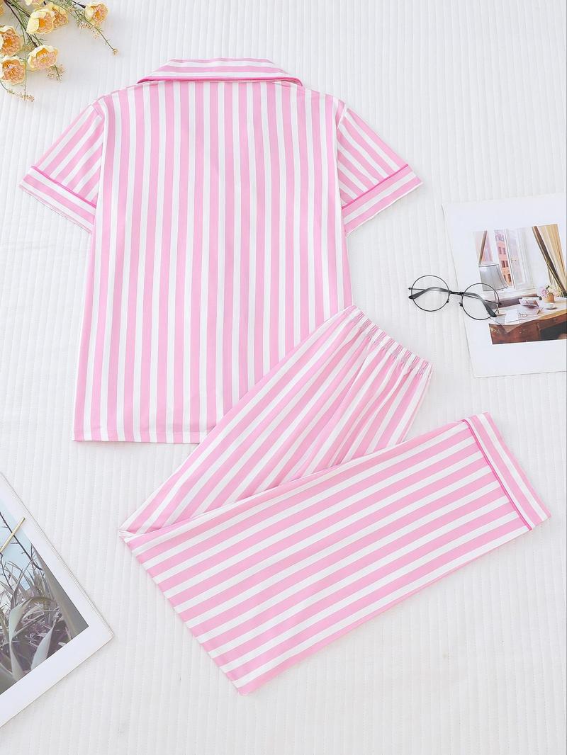 Product Introduction of Women's All Over Print Lapel Neck Pocket Shirt & Elastic Waist Pants Pyjama, Casual Comfy Short Sleeve Button Up Top & Trousers Set, Ladies Sleepwear for All Seasons, Pajamas 8