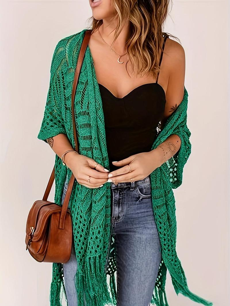 Product Introduction of 【Plus Size】 Women's Solid Fringe Trim Open Front Cardigan, Casual Half Sleeve Knitwear for Daily Wear, Ladies Clothes for All Seasons, Tops 5
