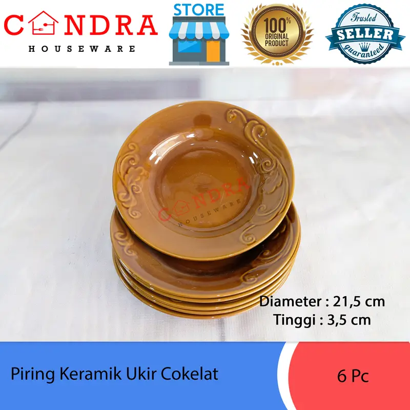 1 Pc Piring Keramik Ukir Cokelat / Piring Makan 8 inch - 20 cm 0