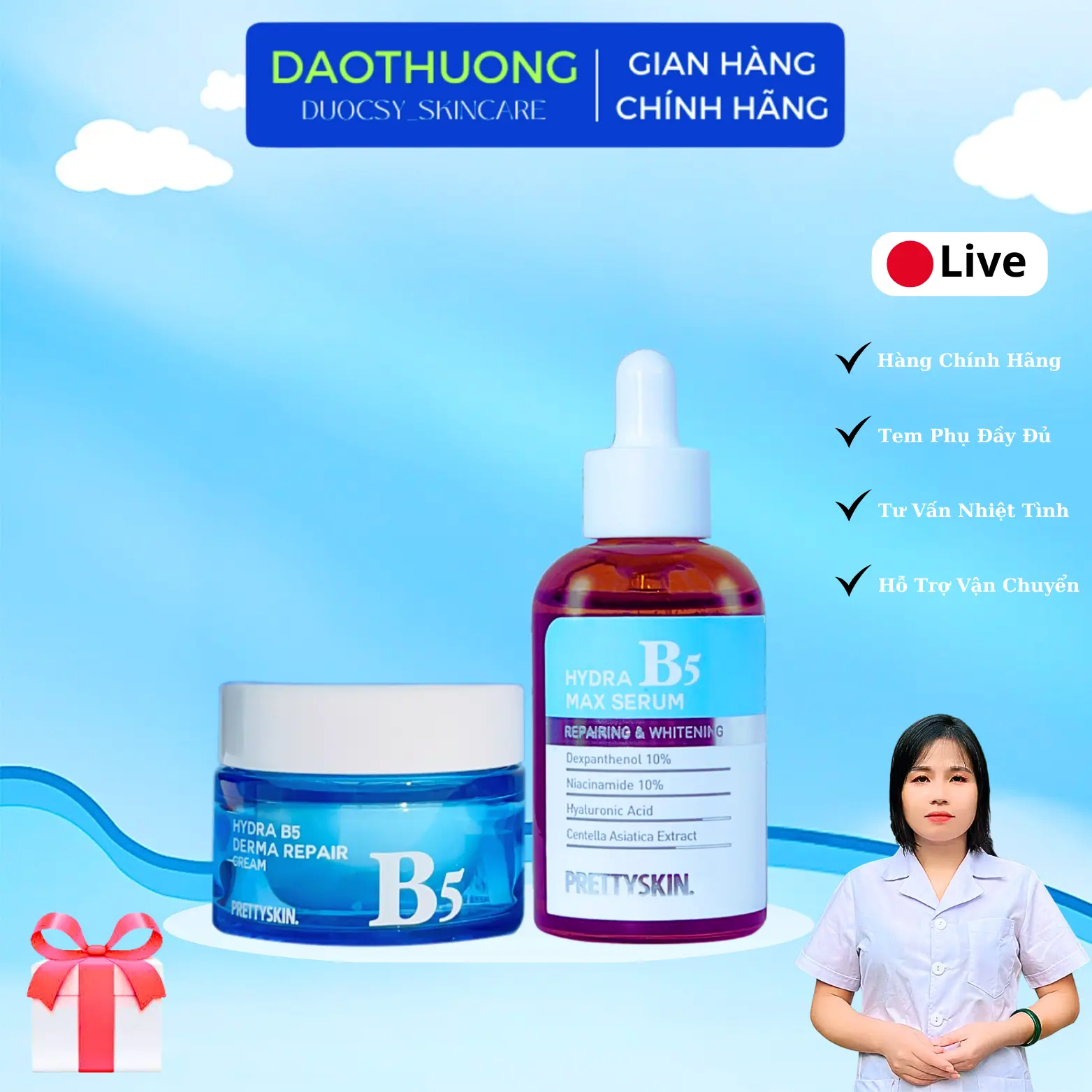 Prettyskin bộ 2sp gồm: Kem Dưỡng Hydra B5 Derma Repair Cream và Tinh Chất Hydra B5 Max Serum da khô (102ml) Skincare Làm Đẹp Da