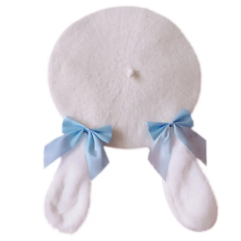 RUNZE Cute Plush Rabbit Ears Women's Girl Beanie Beret Hat Warm Winter Bonnets Lolita Sweet Beret Hats Festival Props