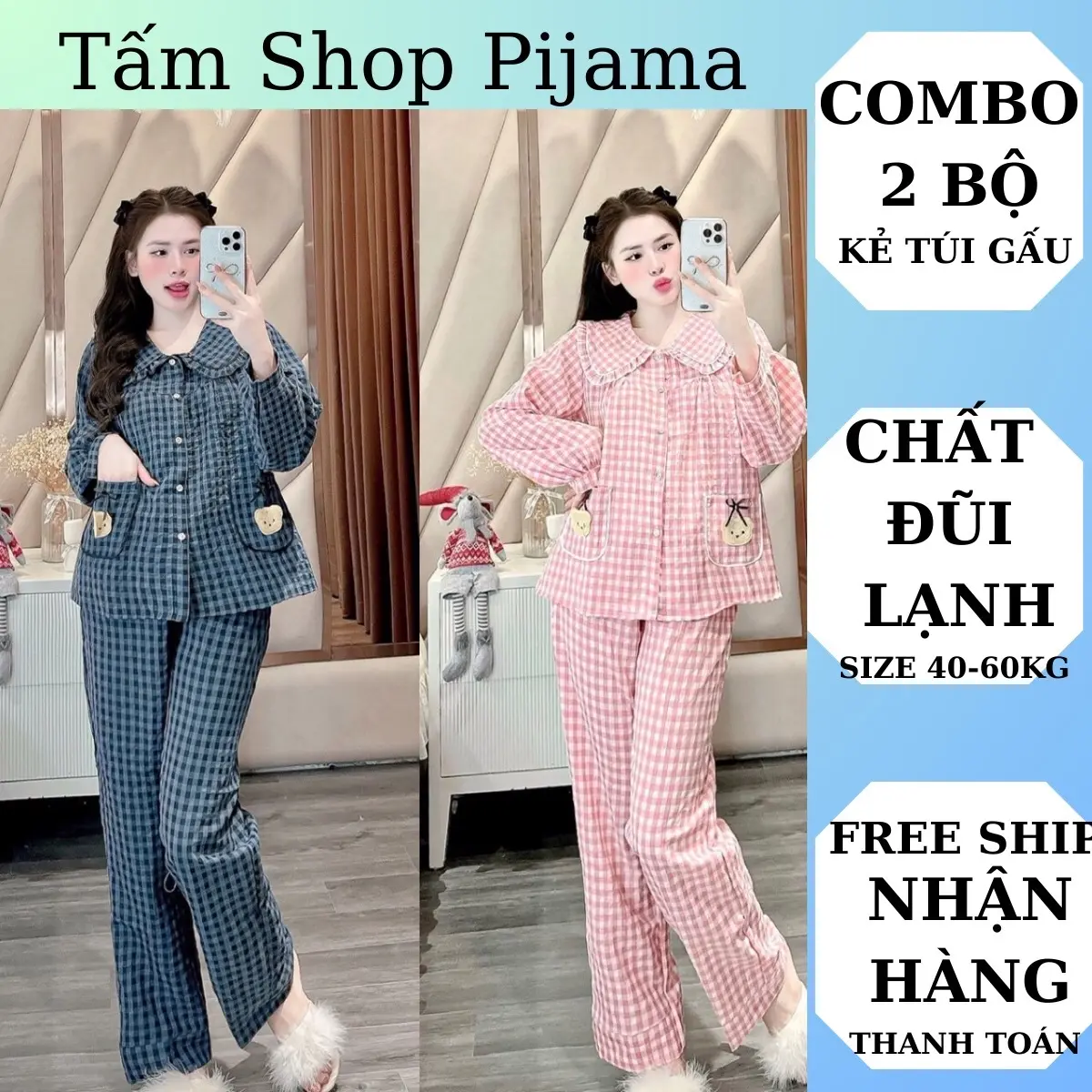 [Combo 2 bộ ]Bộ pijama , đồ bộ mặc nhà kẻ caro TÚI GẤU CỔ SEN tay dài quần dài chất liệu đũi size 40-60kg Women