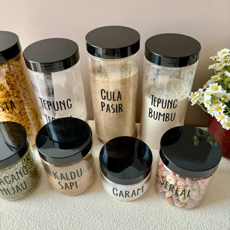 Toples Bumbu Dapur Tutup Hitam Bahan Plastik Toples Serbaguna Free Stiker Cutting Anti air (EA Htm) 6
