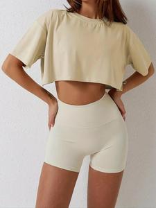 Camiseta corta de mujer con hombro caído y cuello redondo, Ropa de verano para mujer, Camiseta corta casual de manga corta y cuello redondo para verano, Top de mujer para uso diario