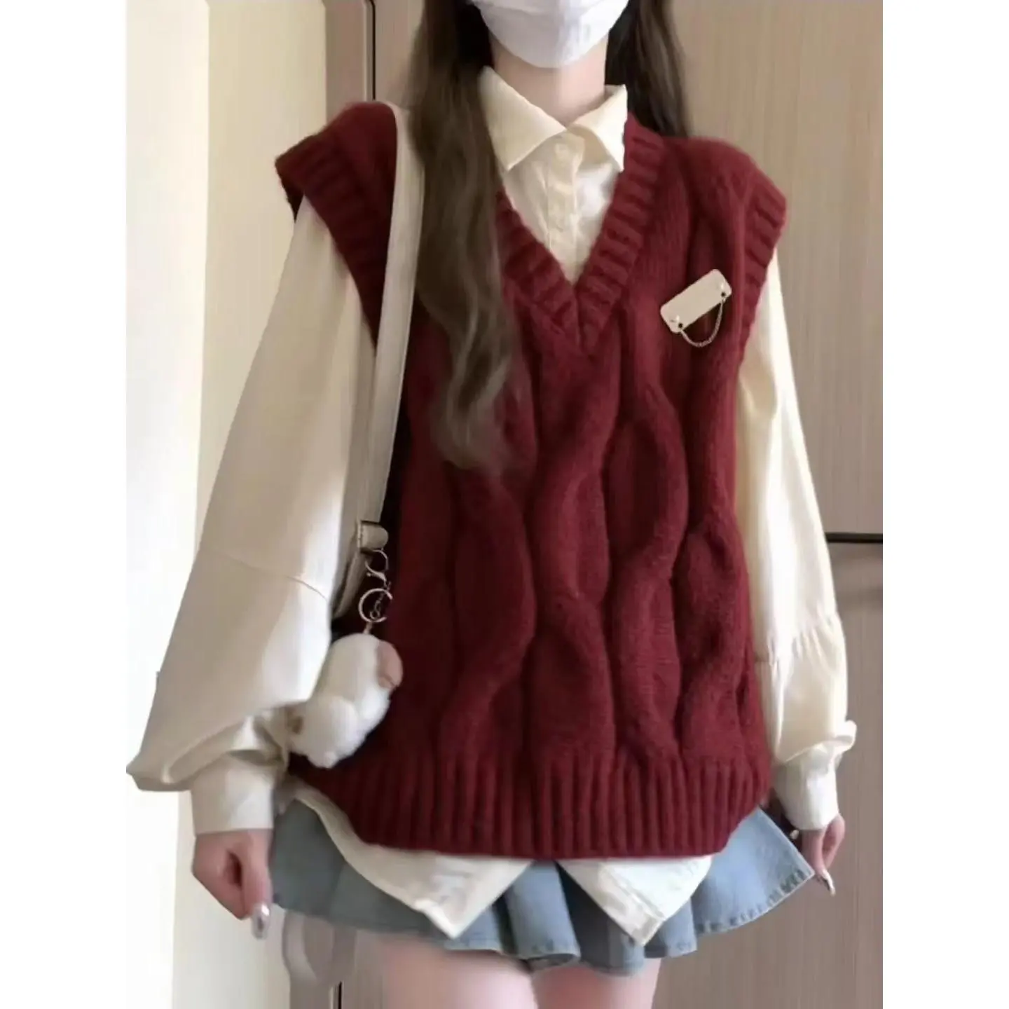 Bộ Đồ Hai Mảnh Phong Cách Preppy, Áo Vest Dệt Kim Cổ Chữ V Xoắn Nhật Bản, Nữ Sinh, Hàng Mới Về, Áo Sơ Mi Buộc Dây Màu Mơ