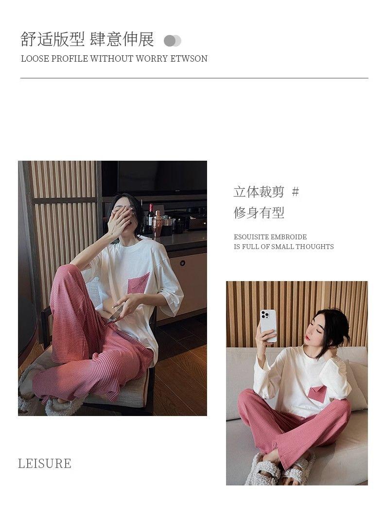 Product Introduction of Bộ Đồ Ngủ Cotton Mùa Xuân Lãng Mạn, Quần Áo Nữ, Phong Cách Mới Mùa Hè, Có Thể Mặc Ngoài Trời, Đồ Mặc Ở Nhà Phong Cách Sọc, Bộ Áo ngắn Tay Và Quần Dài, 1012 Người Thu Thập 13