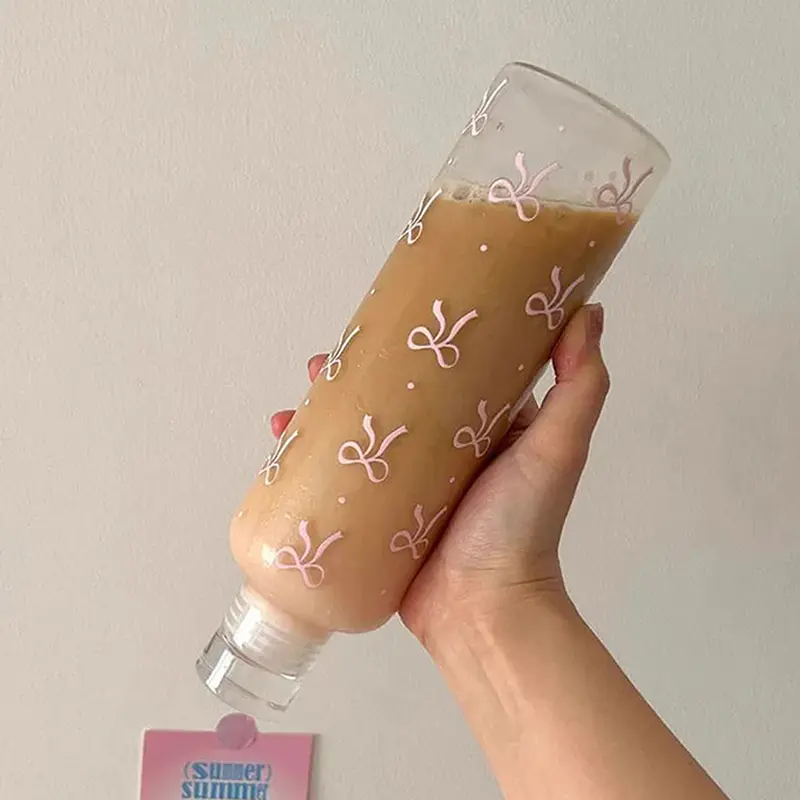 Bình Nước Nhựa, 500ML, Thiết Kế Hình Nơ Kawaii, Có Thang Đo Thời Gian, Trong Suốt, Thích Hợp Cho Các Môn Thể Thao Ngoài Trời Và Trường Học, Bình Nước Uống 4