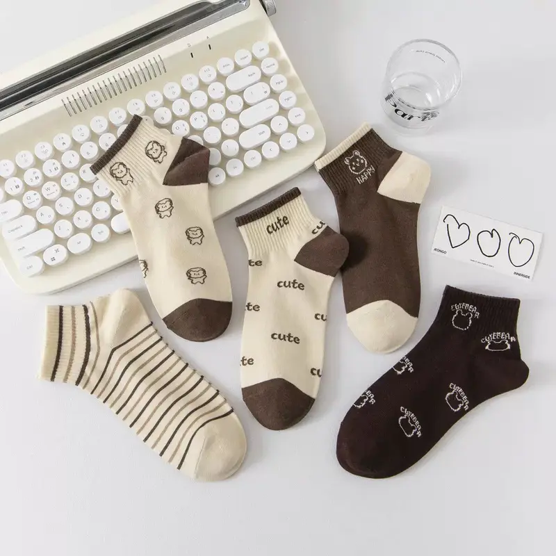 Tất cổ ngắn CHERRY chất liệu cotton, set 5 đôi họa tiết thêu dễ thương Nữ 1