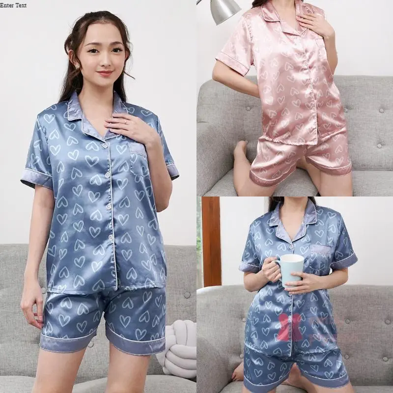 EMILY PIYAMA Baju Tidur Set Piyama Model Icon Love Kemeja Bahan Satin Lengan Pendek Celana Pendek Premium Pakaian Tidur Wanita Dewasa 0