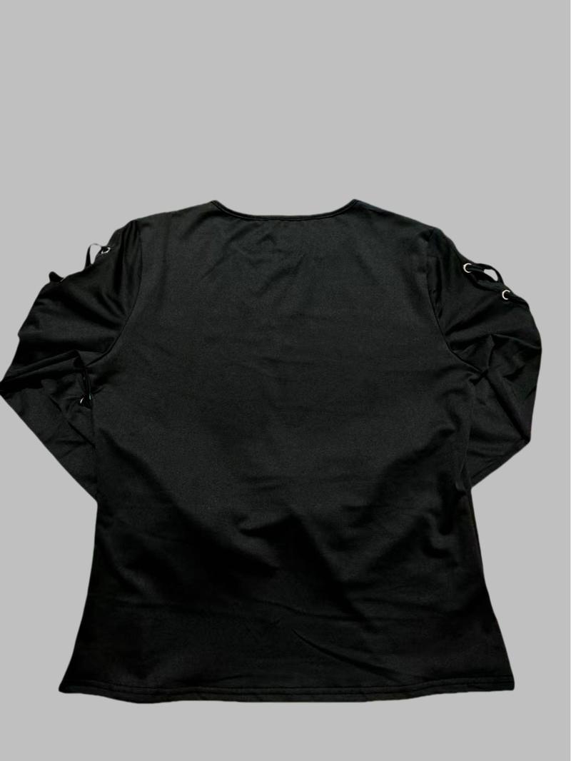 Product Introduction of Women's Solid Lace Up Sheer Tee, Fashion Casual Long Sleeve Round Neck T-shirt for Spring & Fall, Women's Top for Daily Wear 2
