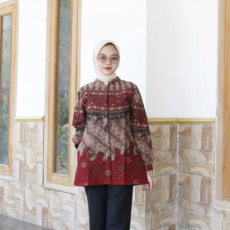 KALISTA Maroon Blouse Atasan Baju Batik Wanita Kerja Kantor Modern Kekinian Bahan Katun Halus Premium 0