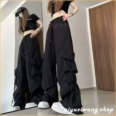 quần túi hộp cho nữ Quần Yếm Retro Kiểu Mỹ Cho Nữ, Mỏng, Cạp Cao, Thẳng, Chân Rộng, Sinh Viên, Nhanh Khô, Màu Trơn, Quần Thường Ngày Hàn Quốc Đơn Giản