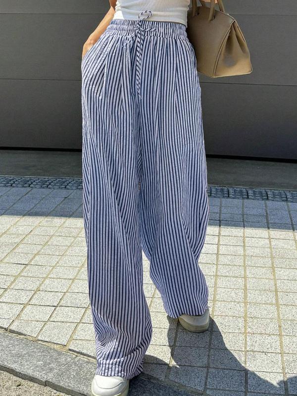 Women's Striped Print Drawstring Waist Wide Leg Pants, Casual Pocket Trousers for Daily Wear, Ladies Bottoms for All Seasons 3