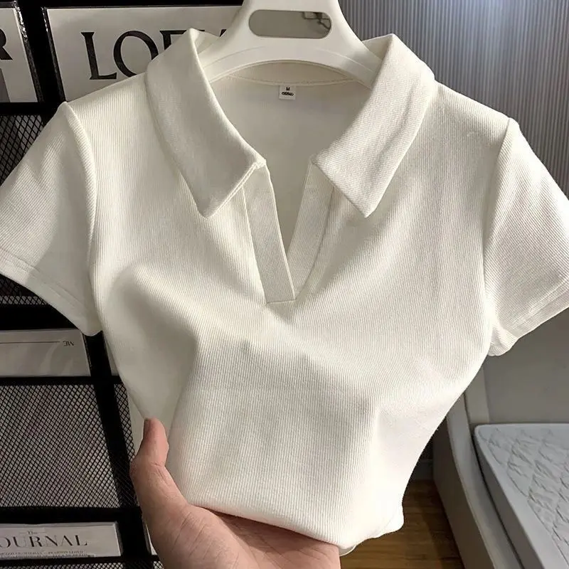 Women's Short-Sleeved Solid Color T-shirt Summer New Korean Style Slim Fit Slim Polo Shirt Short Casual Versatile Bottoming Top Womenswear Lingerie