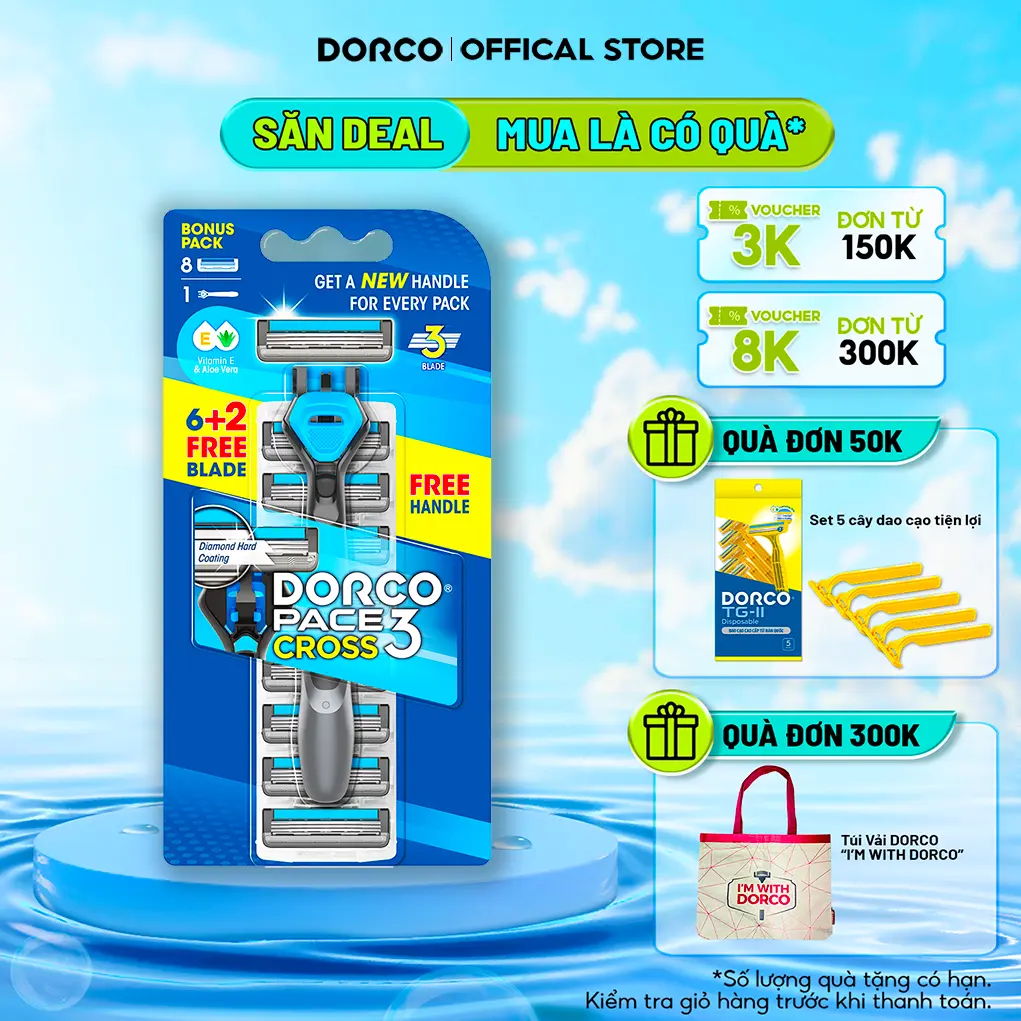 DORCO PACE 3 CROSS - Dao Cạo Râu Hàn Quốc 3 Lưỡi - Hộp Gồm 1 Cán và 4 Đầu Cạo