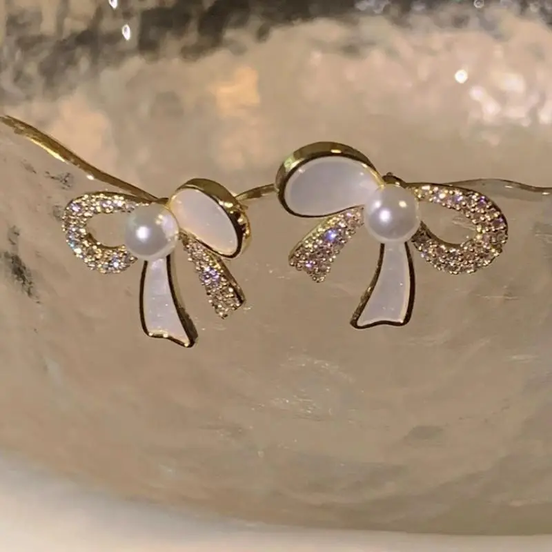 Casual Bow Beads Stud Earrings Rhinestones Earrings Girls Gift Daily Party Ear Accessories #earringstyle #earring