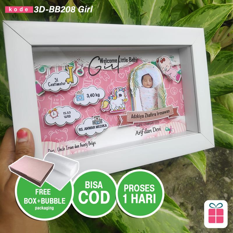 FRAME 3D LAMPU -Kado / Hadiah Foto Bayi (Biodata Bayi) Baby Born Girl 1 Hari Jadi | Bisa COD 3D-BB208 3D1 3