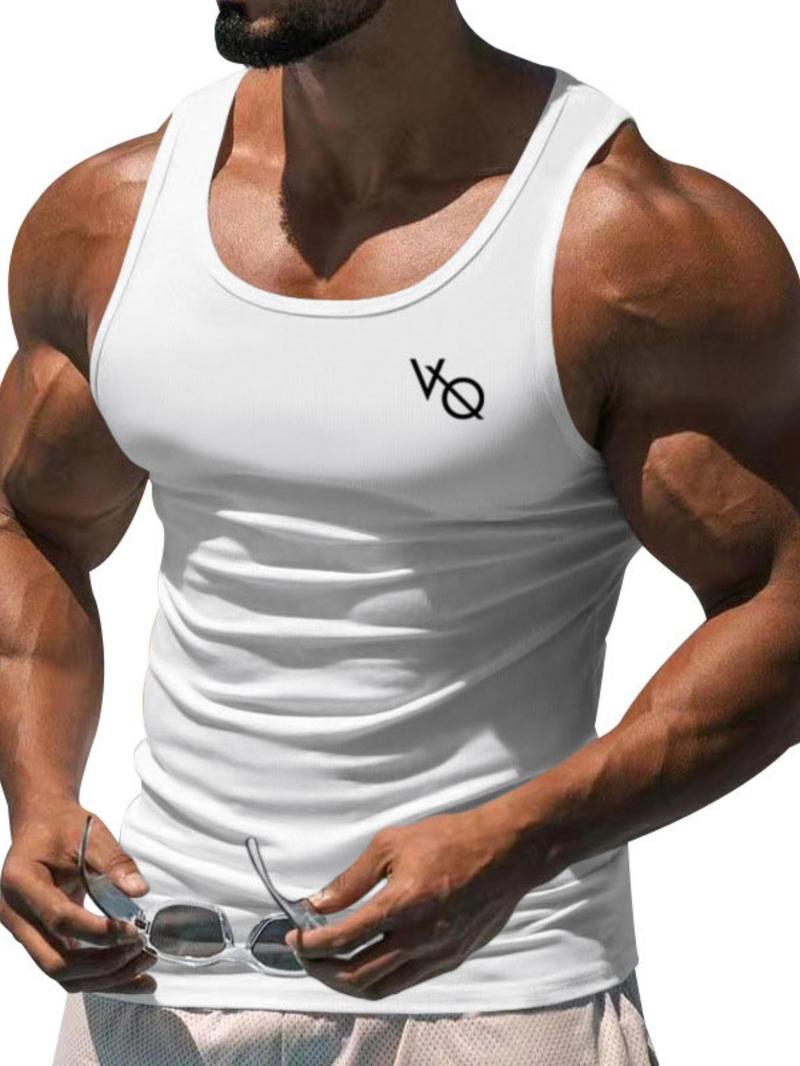 Product Introduction of Men's Letter Print Scoop Neck Tank Top, Regular Fit Casual Breathable Comfortable Sports Vest for Gym Workout, Men's Clothes for Summer, Going Out Tops 2