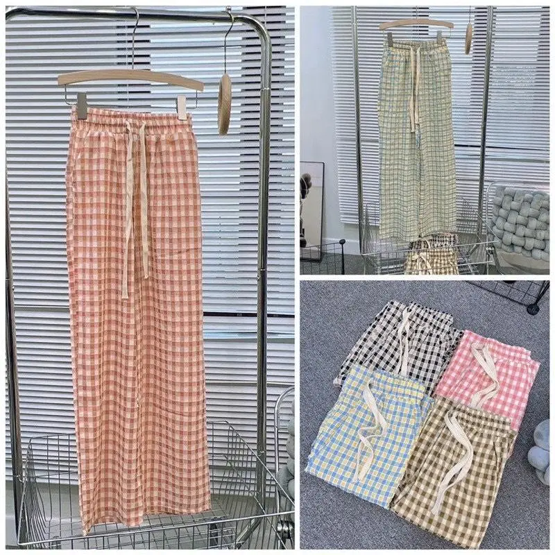 Quần Ống Rộng Nữ Kẻ Caro Chất Đũi Mềm Cạp Chun Dây Rút 684 Ong Pants 0