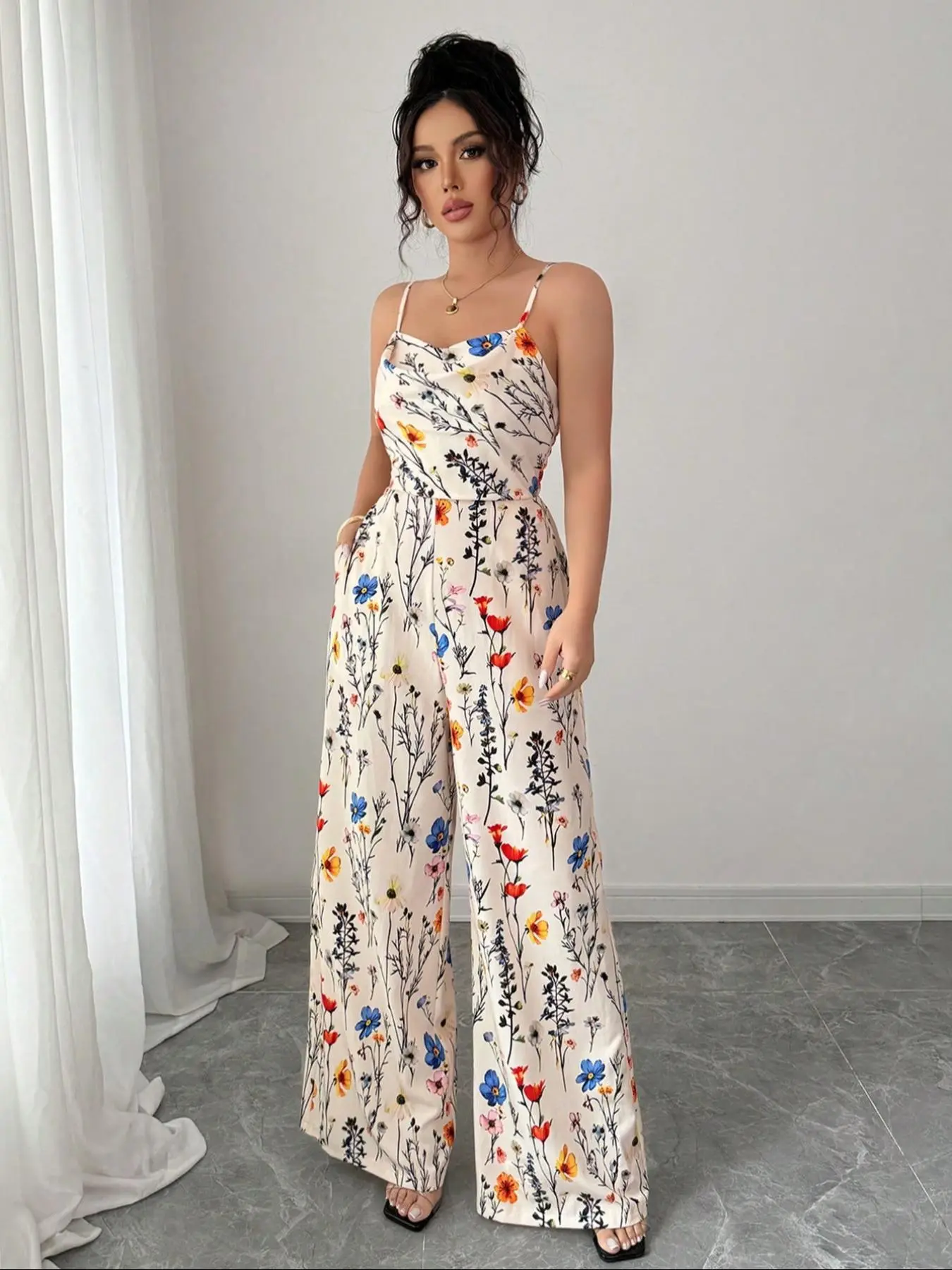 Women's Floral Print Wide Leg Jumpsuit, Elegant Sleeveless Jumpsuit for Summer, Women's Jumpsuit for Beach Holiday