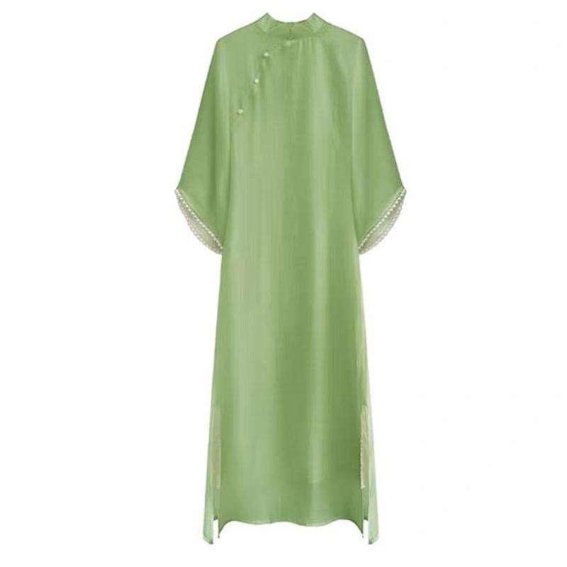 Áo Dài Voan Tơ Organza Xanh Đậu Lót Lụa Fom Suông Rộng Kèm Quần Lụa Cho Nữ tết 2