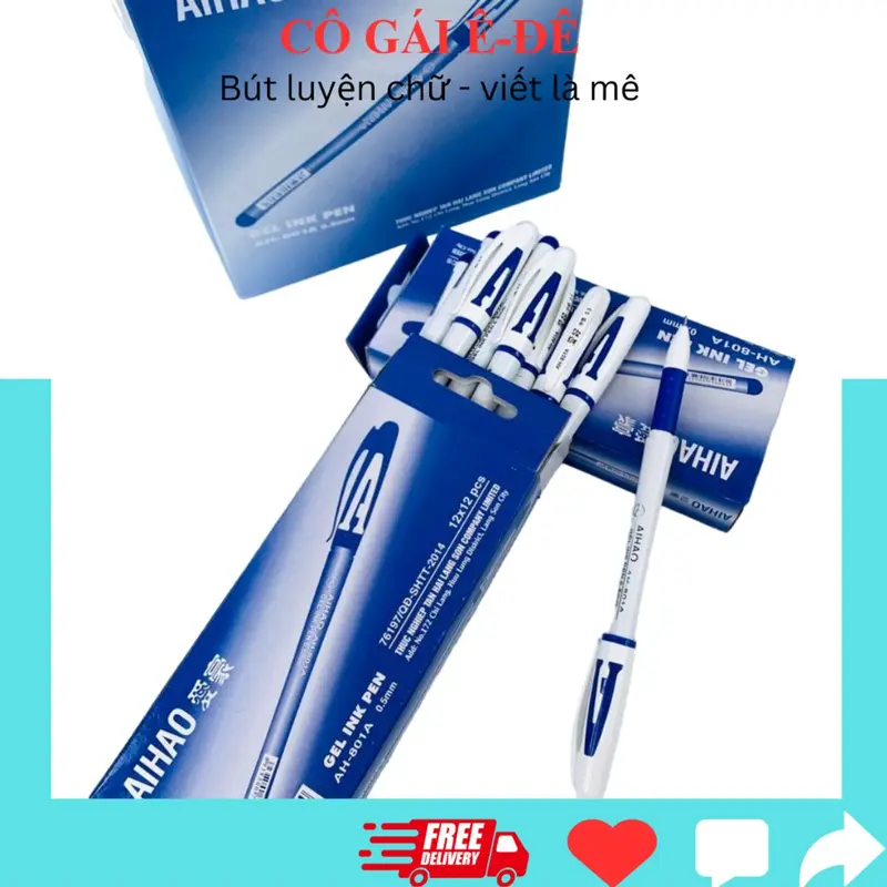 Hộp 12 bút gel chữ A Aihao mực Xanh/Tím ngòi 0.5mm phù hợp cho học sinh tiểu học, bút gel văn phòng, bút học sinh 5