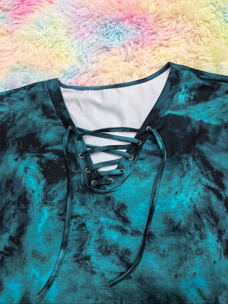 Product Introduction of 【Plus Size】 Tie Dye Print Lace Up Tee, Casual Short Sleeve T-shirt for Summer, Women's Plus Clothing for Daily Wear 3
