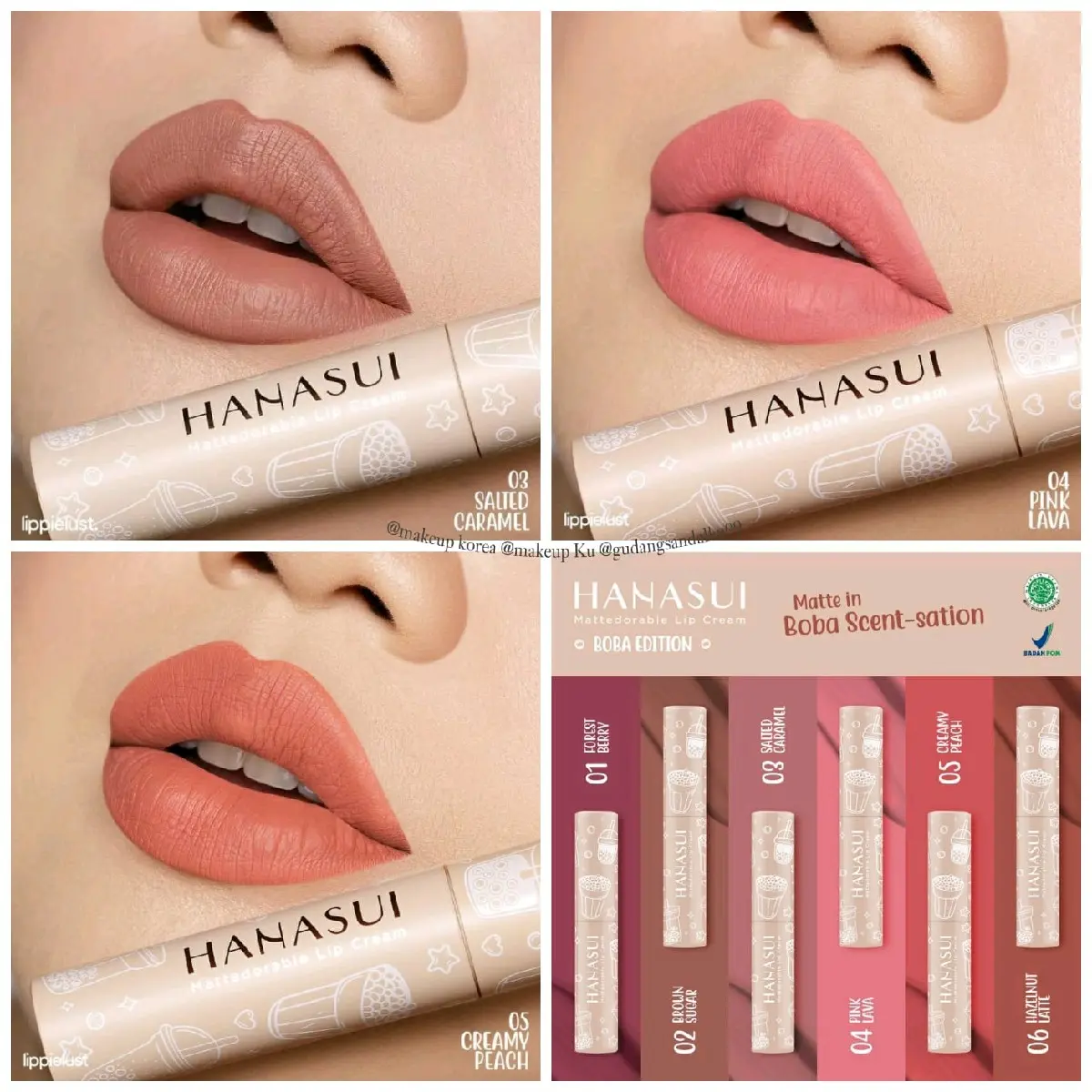 MAKEUP KOREA | Hanasui Mattedorable Lip Cream Boba Edition Berry Bibir Brown Hazelnut Kering Lipstick Lasting