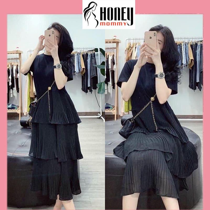 Váy Bầu Đầm Bầu Mùa Hè Ngắn Tay Chất Thun Mát Phối Chân Xếp Ly Nhiều Tầng Xinh Xắn Đi Chơ Đi Làm HD2757 Honey Mommy Váy Nữ Women Dress