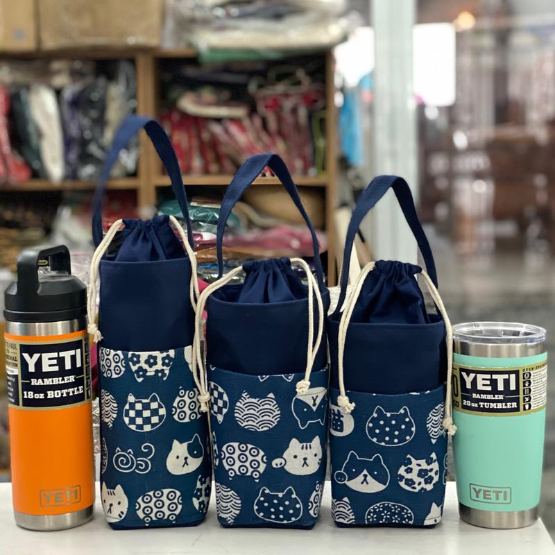 Túi đựng bình/ly/cốc giữ nhiệt Xanh Navy - Mèo xanh chiêu tài vải bố Canvas dày bền có dây rút túi  đựng
