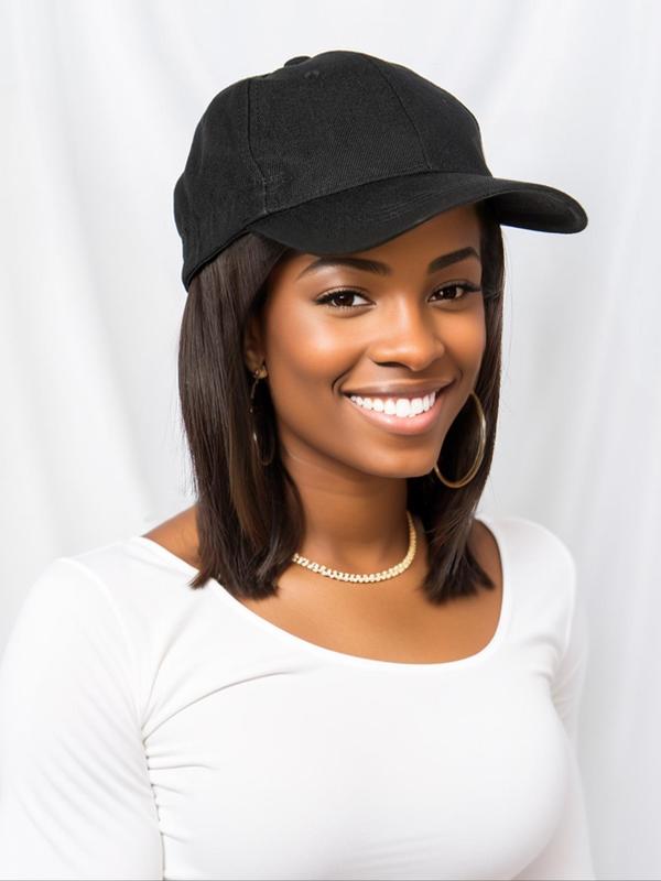 Short Straight Bob Wig with Baseball Cap, Casual Trendy Synthetic Hair for Daily Use, Striking Natural Fluffy Hair Wigs 0