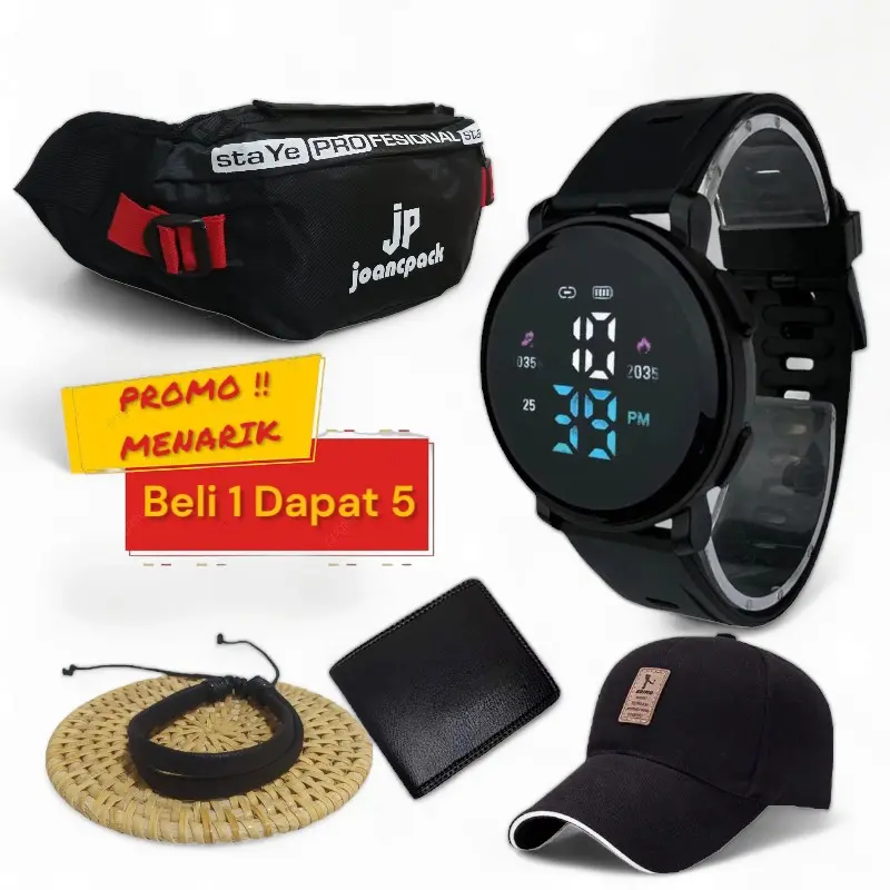 JAM TANGAN DIGITAL PRIA 1 PAKET ISI 5 PRODUK JAM TANGAN DIGITAL TAS SELEMPANG PRIA TOPI DISTRO DOMPET KULIT GELANG HANDMADE Souvenir Watches