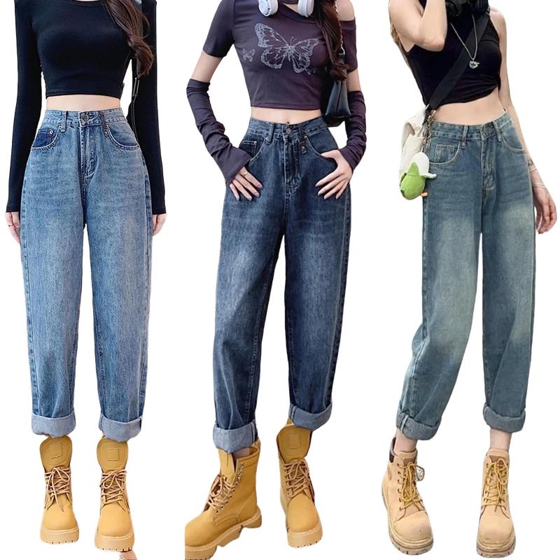 Quần Baggy Jean Nữ BigSize Lưng Siêu Cao, Màu Xanh Nhạt, Xanh Đậm Phủ Ánh Vàng Bụi Dài 98cm Thời Trang BigSize 0021 0032 Pants Denim Women