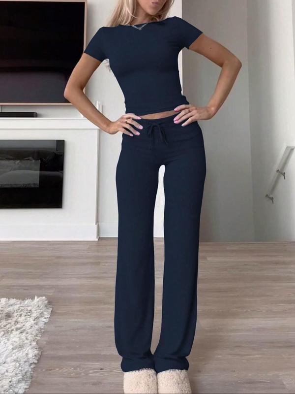 Women's Solid Short Sleeve Two-piece Set, Casual Tracksuit, Round Neck Crop Tee & Drawstring High Waist Trousers, Sixth Form Outfit, Co Ords for Women, Holiday Evening Outfits, Classy Going Out Tops & Pants Autumn Outfits 2024, Gym Sets, Fall Outfits 4