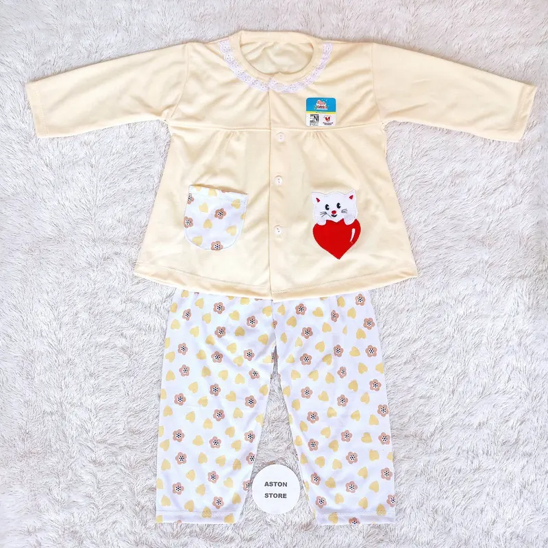 Setelan Baju Tidur Piyama Bayi Perempuan Lengan Panjang Kancing Depan Katun 6-12 Bulan Motif Lucu Cat Love 6