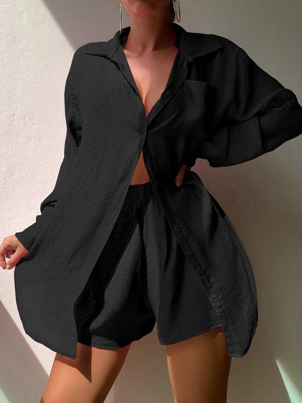 Women's Solid Button Front Pocket Cover Up Shirt & Elastic Waist Shorts Set, Long Sleeve Collared Shirt & Shorts, Casual Summer Outfits Clothes Set for Beach Vacation 6