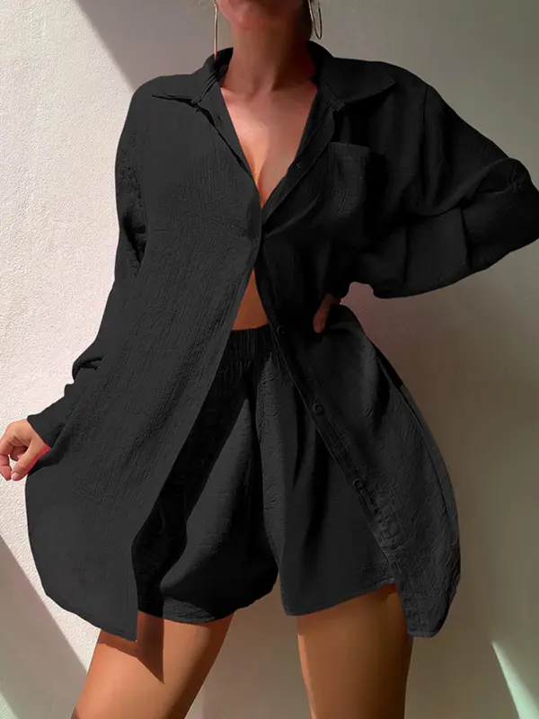 Women's Solid Button Front Pocket Cover Up Shirt & Elastic Waist Shorts Set, Long Sleeve Collared Shirt & Shorts, Casual Summer Outfits Clothes Set for Beach Vacation 6