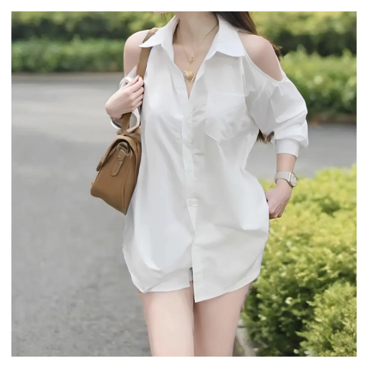 เสื้อเชิ้ตผู้หญิงคอปกเปิดไหล่ ดีไซน์แขนยาว Lady Clothing Women