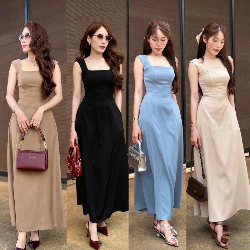 LALA --- Đầm Dự Tiệc Cổ Vuông Dáng Chữ A Che Bụng Tốt Phong Cách Đơn Giãn Thanh Lịch Phù Hợp Dự Tiệc Đi Chơi Sinh Nhật