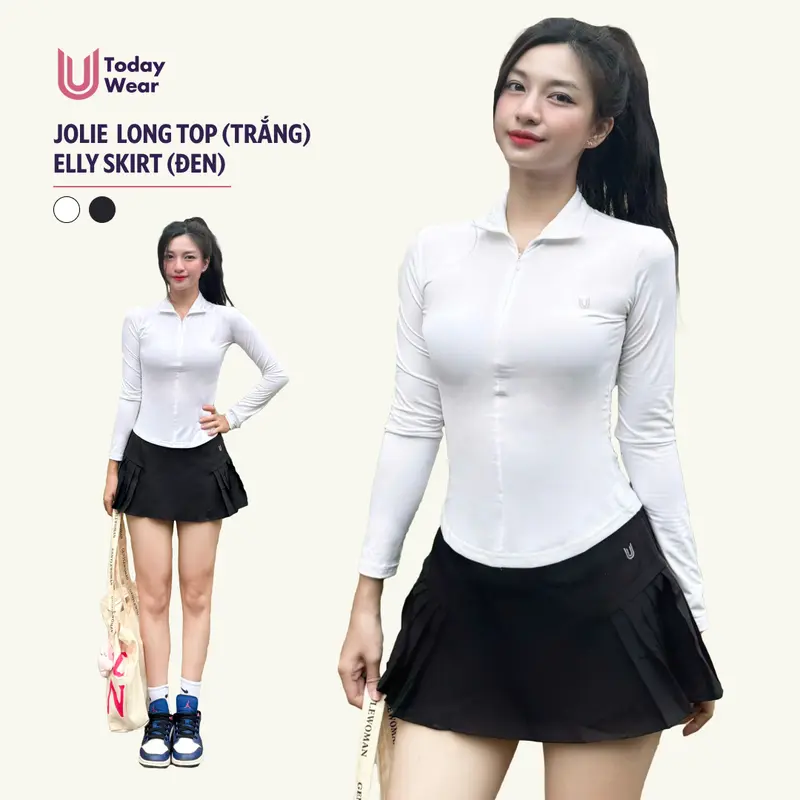 Set đồ tập áo Jolie Long Top Trắng mix chân váy Elly Skirt Đen Today U Wear 0