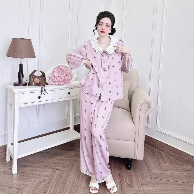 Bộ Tiểu Thư Nơ Phối Ren Quần Dài Lụa Latin (Freesize 40-70kg) Pijama Nữ Women 7