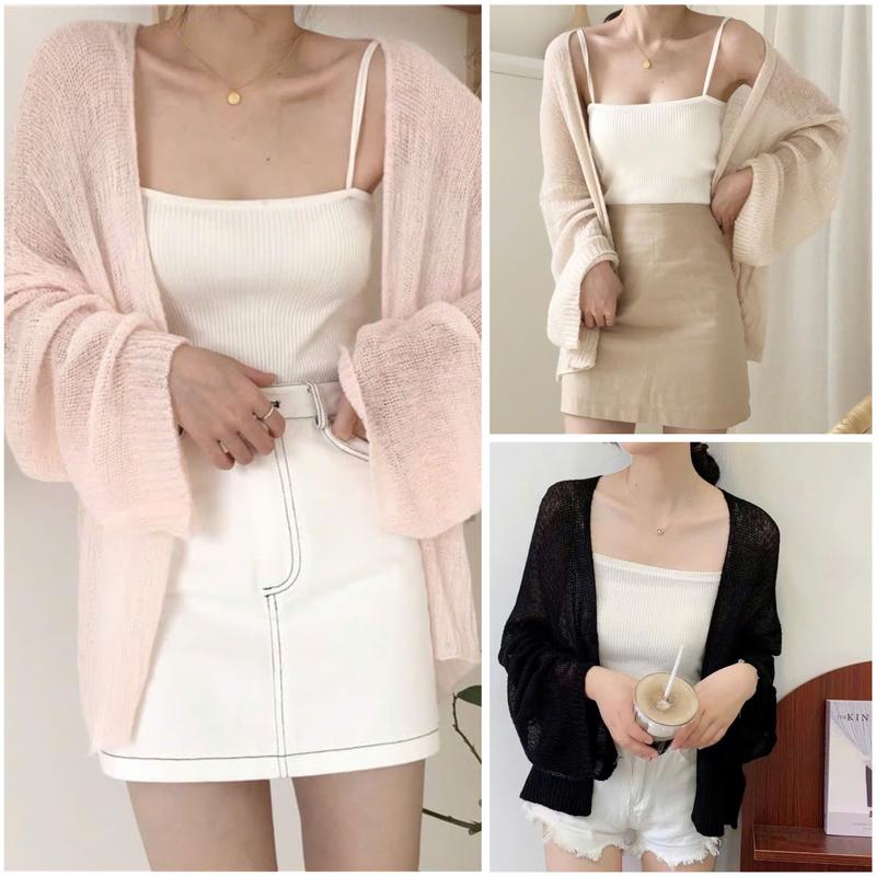 Áo khoác len mỏng dệt kim - Áo khoác cardigan đi biển Nữ Top Women Ong Trắng