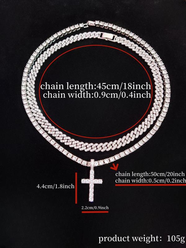 Luxury Artificial Zircon Cross Pendant Necklace & Rhinestone Cuban Chunky Chain Necklace, Sparkly Hip Hop Iced Out Bling Bling Punk Necklaces for Party Decor 1