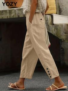 YOZY Women's Plain Button Pocket Elastic Waist Pants, Casual Comfy Trousers for Spring & Fall, Women's Bottoms for Daily Wear