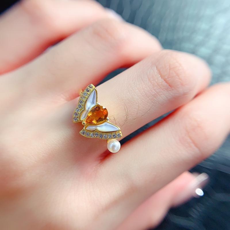 Natural Gemstone - Birthstone - Promotion - S925 Silver Natural Citrine Fashion Fritillary Butterfly Drop 4 * 6mm Ring - (Wedding, Friend, Couple Gift) 4