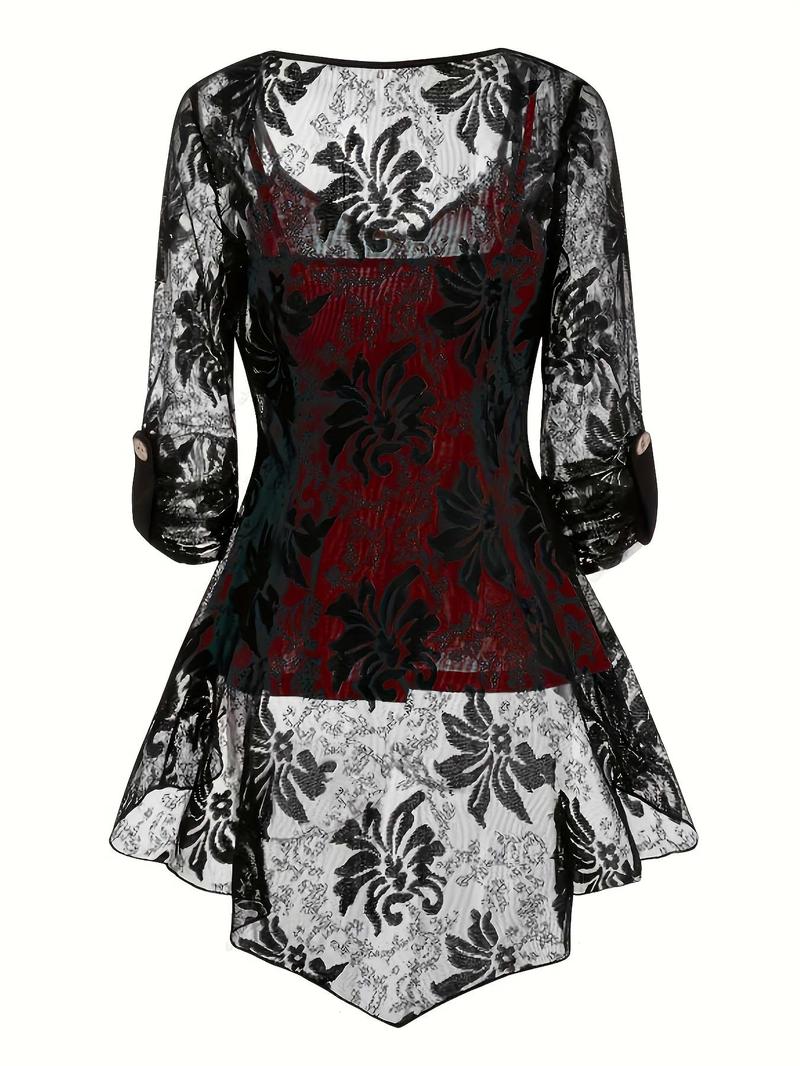 Product Introduction of Plus Size Three-piece Set Backless Peplum Cami Top & Fake Buttons Sheer High Low Contrast Lace Blouse & Skinny Pants, Year-round Three Piece Outfits, Summer Clothes, Co Ord Set, Plus Clothing 8