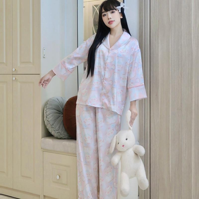  Bộ Pijama chất lụa Latin tay TAY LỠ QUẦN DÀI họa tiết xinh xắn nữ tính LAMIA S2410 